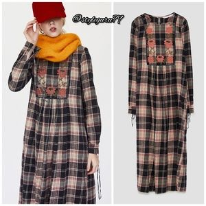 NWT, ZARA, Plaid Embroidered Midi Dress